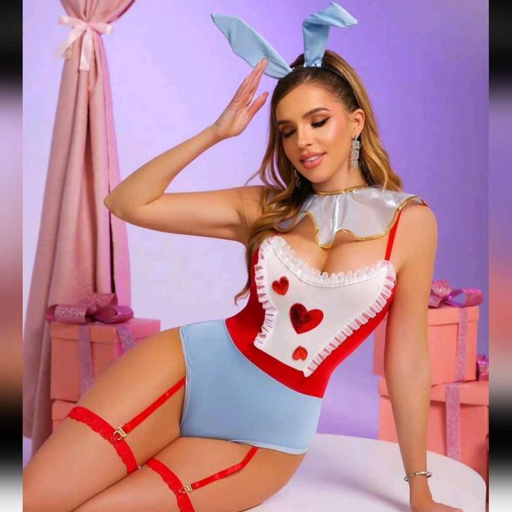 4pc White Rabbit Costume W/Bunny Ears, Tail, Neck Frill & Thigh Garters (S)